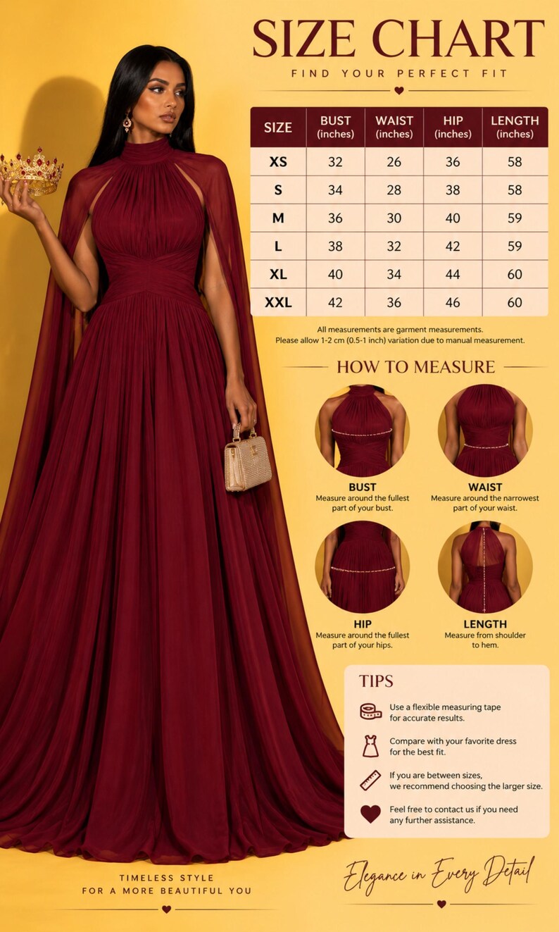May include: A size chart for a floor-length burgundy gown with a high neckline and cape-style sleeves. The chart includes columns for bust, waist, hip, and length in inches for sizes XS to XXL, along with visual guides on how to measure.