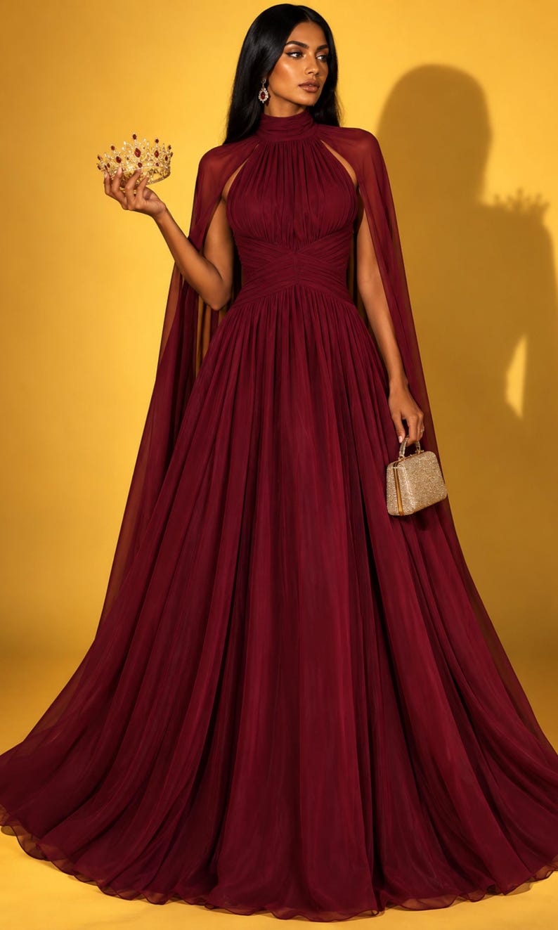 May include: A floor-length burgundy gown featuring a high neckline, a pleated bodice, and an attached cape that drapes from the shoulders. The dress is paired with a small, rectangular gold-toned clutch and a decorative gold crown with red accents.