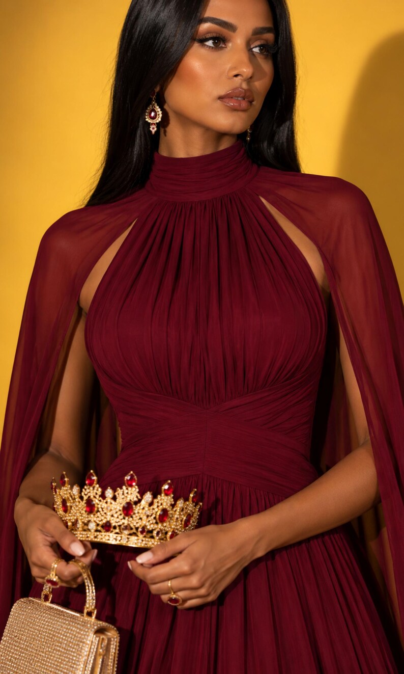 May include: A floor-length burgundy gown with a high neckline, gathered bodice, and attached cape sleeves. The garment is paired with a gold crown featuring red oval stones and a small gold handbag with a textured surface and a matching red stone.