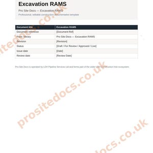 Puede incluir: Una plantilla de documento blanca titulada Excavation RAMS de Pro Site Docs. La página incluye una tabla con campos para referencia de documento, paquete, revisión, estado, fecha de emisión y fecha de revisión para documentación de obra.