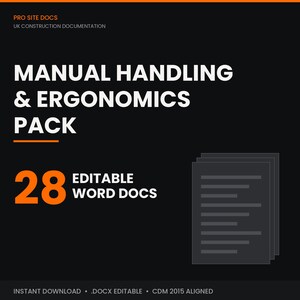 Puede incluir: Un conjunto de documentos digitales titulado Manual Handling & Ergonomics Pack con 28 archivos Word editables. El fondo negro incluye acentos de texto en naranja y un gráfico de páginas apiladas. El texto incluye Pro Site Docs y UK Construction.