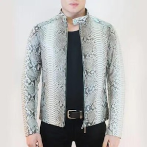 Men’s Python Print Leather Biker Jacket, Handmade Exotic Outerwear, Snake Look classic blazer