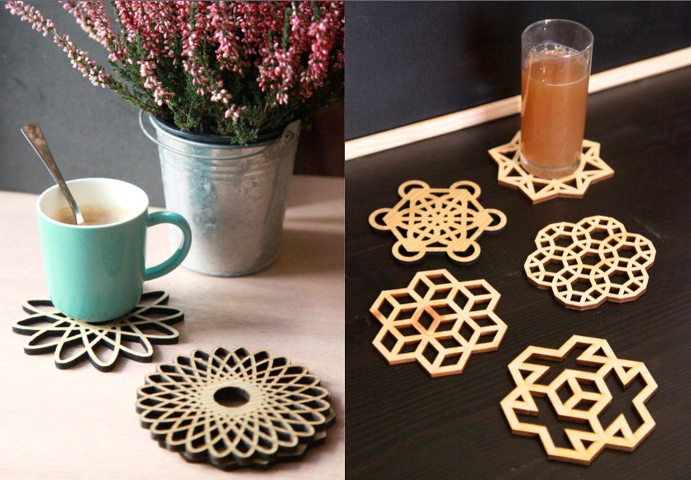 Dessous de Verre - Glyph Géométrique en Bois Découpé à La Machine Laser