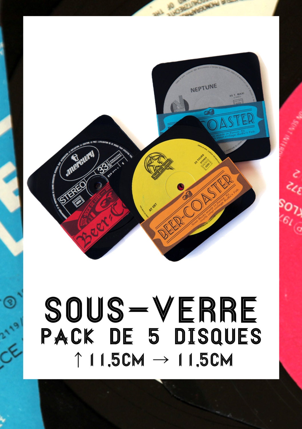 Dessous de Verre - Coaster Pack 5 Disque Vinyl Vintage 33Trs -