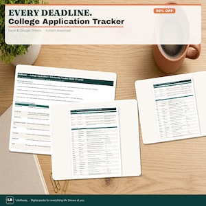 May include: A digital college application tracker template for Excel and Google Sheets. The interface features dark green headers, white backgrounds, and organized columns for tracking deadlines, scholarship information, and application status details.