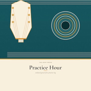 Op de afbeelding: Een blauwgroen en crèmekleurig oefenlogboek getiteld Practice Hour met de ondertitel undated guitar-first practice log. De omslag bevat een afbeelding van een gitaarkop en concentrische cirkels, met de tekst 52 pages scales sick licks the hour.