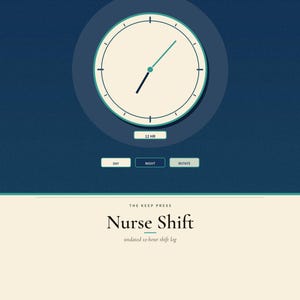 Könnte beinhalten: Ein undatiertes 12-Stunden-Schichtprotokoll Nurse Shift von The Keep Press. Das Cover zeigt eine cremefarbene Uhrgrafik auf dunkelblauem Hintergrund mit Schaltflächen mit der Aufschrift 12 HR, DAY, NIGHT und ROTATE. Der Text lautet Nurse Shift und 25 pages.