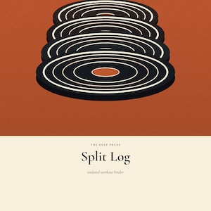 May include: A workout binder with a rust-coloured cover featuring a graphic of four stacked black and white circular records. The text reads: THE KEEP PRESS, Split Log, undated workout binder, 48 pages - sets / reps / RPE - write in the split.