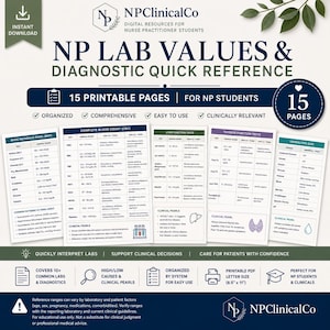 Könnte beinhalten: Ein digitales Ressourcenset mit dem Titel NP Lab Values & Diagnostic Quick Reference, das 15 druckbare Seiten für Nurse Practitioner-Studenten enthält. Die Seiten zeigen Tabellen für BMP, CBC, Leberfunktion, Schilddrüsentests und Urinanalyse mit klinischen Hinweisen.