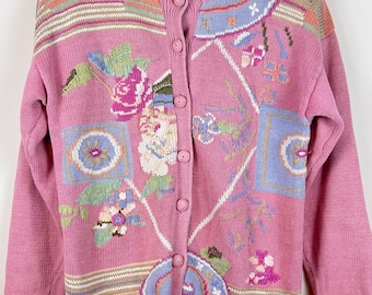 Cárdigan de algodón ramio rosa con estampado floral de Melbourne, estilo vintage de los 90, talla M