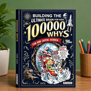 May include: A dark blue hardcover book titled Building the Ultimate Brain for Kids 100000 Whys Fun and Joyful Science. The cover features a cartoon illustration of animals on a roller coaster, a dinosaur, a rocket, and text about bonus activities.