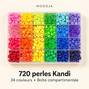 Può includere: Un contenitore in plastica trasparente con 24 scomparti riempito con 720 perline pony colorate in varie tonalità tra cui rosa, giallo, verde, blu e viola. Il testo MODOJA, 720 perles Kandi e 24 couleurs Boîte compartimentée è visibile.