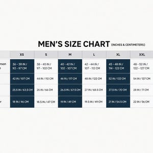 Men's size chart table displaying measurements in inches and centimeters for sizes XS through 3XL.