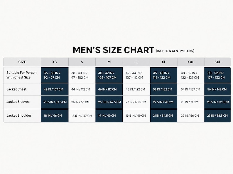 Men's size chart table displaying measurements in inches and centimeters for sizes XS through 3XL.