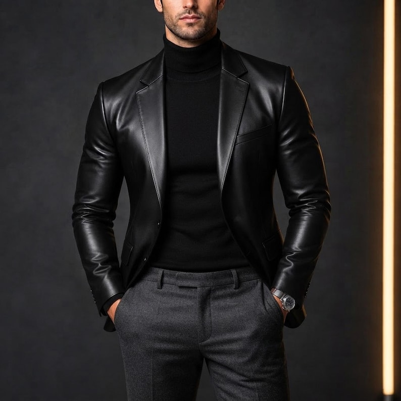 Male model wearing the black leather blazer layered over a black turtleneck for a formal look.