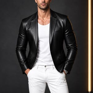 A man wearing a black leather blazer over a white t-shirt and white jeans, photographed from the chest up against a dark background with a vertical light strip.