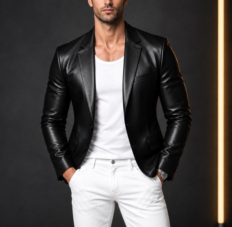 A man wearing a black leather blazer over a white t-shirt and white jeans, photographed from the chest up against a dark background with a vertical light strip.