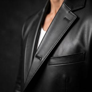 Close-up of black sheepskin leather blazer lapel showing fine grain and meticulous stitching.