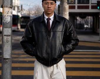 Mens Leather Bomber | Black Sheepskin, Oversized 90s Fit, Detachable Hood