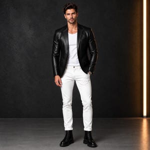 Full-length shot of a man standing facing the camera, wearing a black leather blazer, white t-shirt, white jeans, and black boots.