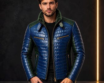 Men’s Blue Crocodile Embossed Leather Jacket | Handmade Green Faux-Fur Collar Biker Motorcycle Outerwear Coat