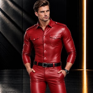 Pode incluir: Uma camisa de couro vermelho de manga comprida com fecho de botões, dois bolsos no peito com abas e dragonas nos ombros, combinada com calças de couro vermelho a condizer e um cinto de couro preto com fivela prateada, usada por uma pessoa.