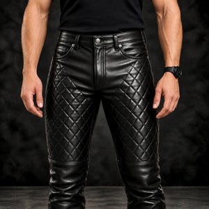 May include: Black leather trousers featuring a quilted diamond pattern on the upper front panels, a standard button and zip fly closure, belt loops, and smooth leather sections on the lower legs, presented in a fitted, structured design.