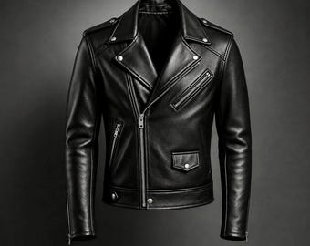 May include: A black leather motorcycle jacket featuring an asymmetrical front zipper, wide notched lapels with silver-tone metal snaps, a diagonal zippered chest pocket, a small flap pocket with a snap closure, and zippered sleeve cuffs.