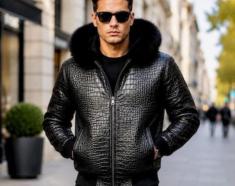 Crocodile Leather Jacket | Black Bomber Jacket | Fur Hood and Ribbed Cuffs | Gift for Him
