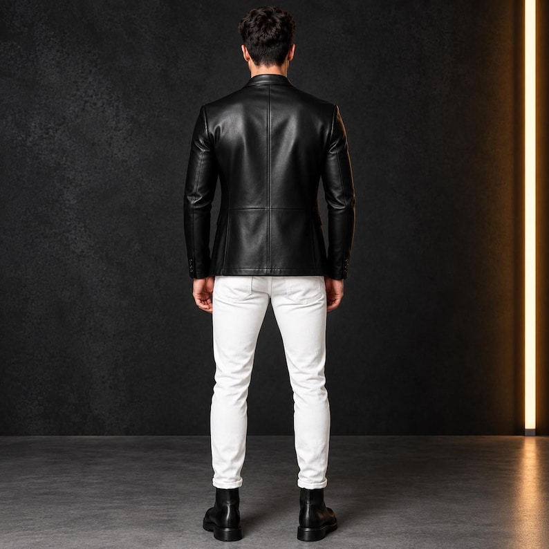 Full-length shot of a man from behind, wearing a black leather blazer, white jeans, and black boots against a dark backdrop.