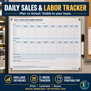 Könnte beinhalten: Ein weißes Whiteboard mit der Überschrift Daily Sales and Labor Tracker und einem zweiwöchigen Raster. Das Board enthält Spalten für geplante und tatsächliche Umsätze, Arbeitskostenabweichungen und Initialen. Ein schwarzer Stift ist befestigt.