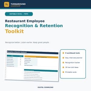Restaurant Employee Recognition & Retention Toolkit | Stay Interview, Engagement Tracker, Manager Excel Templates