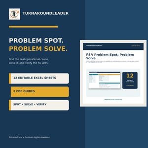 以下が含まれることがあります： ダークブルーの背景に「PROBLEM SPOT. PROBLEM SOLVE.」、「12 EDITABLE EXCEL SHEETS」、「2 PDF GUIDES」というテキストが記載されたデジタル製品広告。白い枠内にはダッシュボードのプレビューと「PS2: Problem Spot, Problem Solve」というテキストが表示されています。