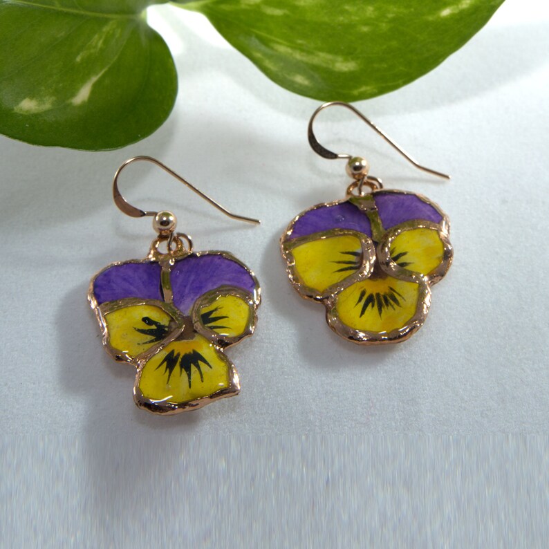 Viola Flower Earrings Pansy Earrings Yellow Purple Flower Etsy