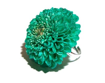Green flower ring, Green floral ring, Adjustable ring for Women, Green dahlia ring, Real flower ring, Ring for wife, Jewelry for wife