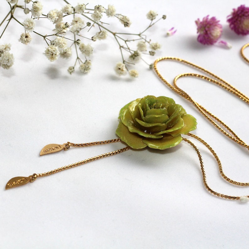 Necklaces for women Green necklace Green pendant long necklace for her Rose Necklace Rose pendant Real flower necklace Real flower jewelry