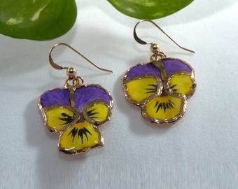 Pansy earrings, Flower earrings, Pansy jewelry, Viola earrings, Purple earrings, Yellow earrings, Real pansy earrings,Forget me not earrings