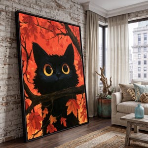 Cuadro de gato negro curioso en un árbol otoñal, arte de pared con hojas otoñales naranjas, decoración de animales adorables, decoración de temporada para el hogar, lienzo inspirado en la naturaleza.