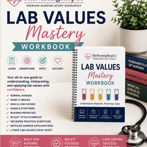 Op de afbeelding: Een spiraalgebonden Lab Values Mastery werkboek met een witte kaft met de tekst TheNursingShopCo, vijf kleurrijke reageerbuizen en de ondertitel Understand. Interpret. Prioritize. Care. Het werkboek bevat secties voor een labgids, oefenvragen en een spiekbriefje.