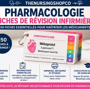 May include: A set of 250 pharmacology study cards for nursing students, bound by a metal ring. The cards feature color-coded tabs and medical illustrations, including a heart icon and the text 'CARDIOVASCULAIRE' and 'Métoprolol'.