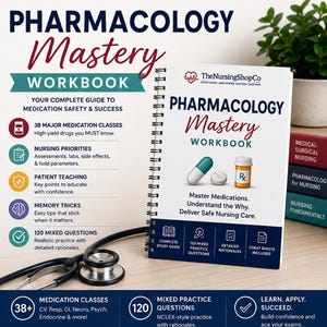 Può includere: Un quaderno di esercizi Pharmacology Mastery a spirale con copertina bianca che raffigura una capsula color verde acqua e bianca, una compressa bianca e un flacone di medicinale arancione, con uno stetoscopio nero sulla copertina.