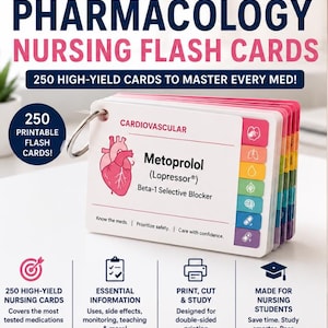 May include: A set of 250 pharmacology nursing flash cards on a metal ring. The top card features the text Cardiovascular, Metoprolol (Lopressor), and Beta-1 Selective Blocker with a heart illustration. The cards have colourful side tabs.