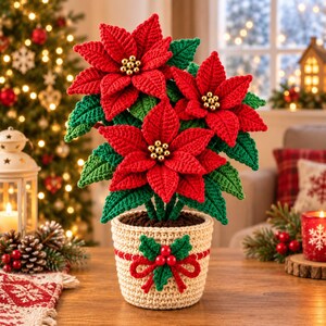 Poinsettia Crochet Pattern, Christmas Crochet Flower Amigurumi, Holiday Home Decor PDF, Winter Craft Pot Plant, Xmas Gift DIY Tutorial