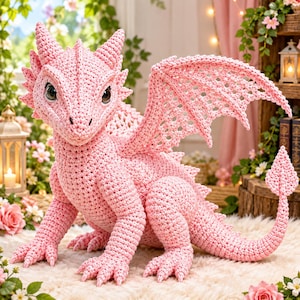 May include: A handcrafted crochet dragon toy in a soft pink yarn. The creature features large dark eyes, pointed ears, textured scales along its back, expansive wings with an openwork pattern, and a long tail ending in a diamond-shaped tip.