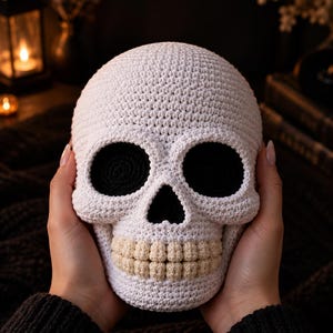 Könnte beinhalten: Ein gehäkelter Totenkopf mit weißem Schädel, tiefschwarzen Augenhöhlen, einer schwarzen Nasenhöhle und einer Reihe beiger Zähne. Der Totenkopf ist mit einer sichtbaren Garnstruktur gefertigt und hat eine abgerundete Form, die menschliche Anatomie nachahmt.