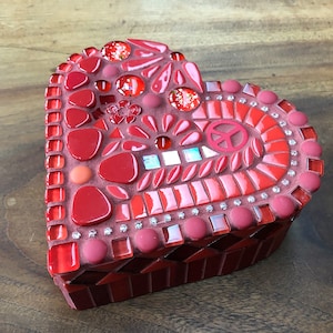 Red glass mosaic heart shaped box