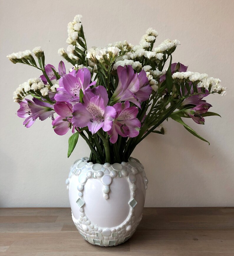 White glass mosaic and ceramic flower vase Etsy