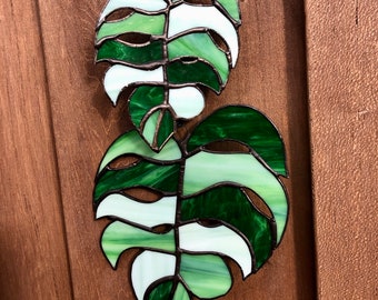 Monstera leaf set green and white glass