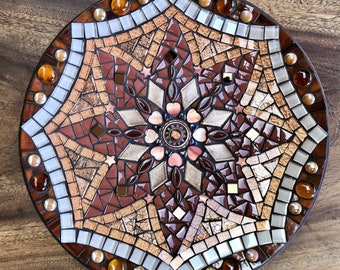 Glass mosaic mandala dish brown, gold and copper