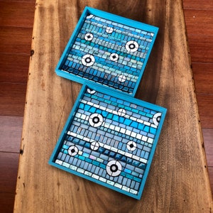 Turquoise glass mosaic trays set of two